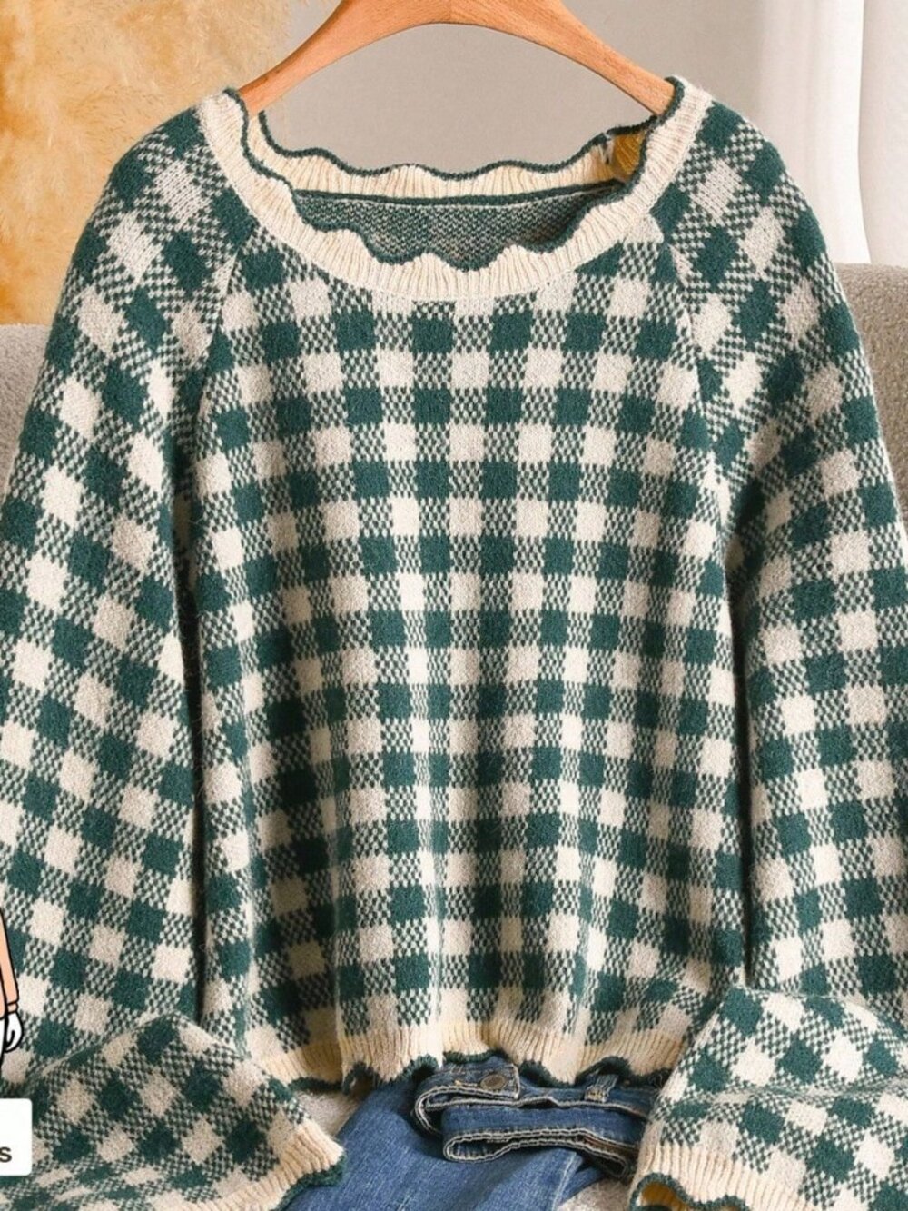 green Casual Slim Fit Women's Round Neck Gingham Plaid Raglan Pullovers - Picture 4 of 6